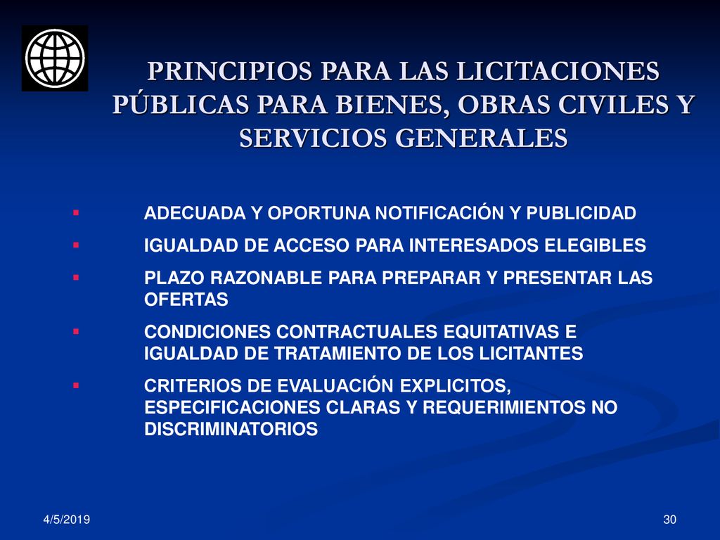 PRINCIPIOS PARA LAS LICITACIONES PÚBLICAS PARA BIENES, OBRAS CIVILES Y SERVICIOS GENERALES