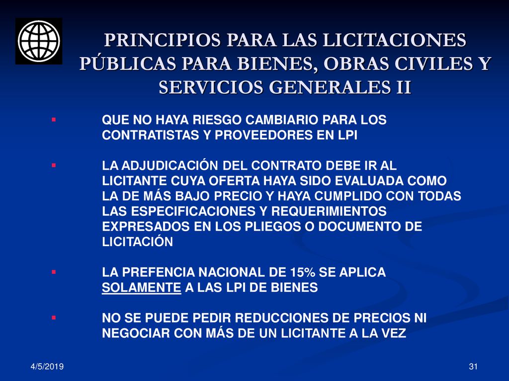 PRINCIPIOS PARA LAS LICITACIONES PÚBLICAS PARA BIENES, OBRAS CIVILES Y SERVICIOS GENERALES II