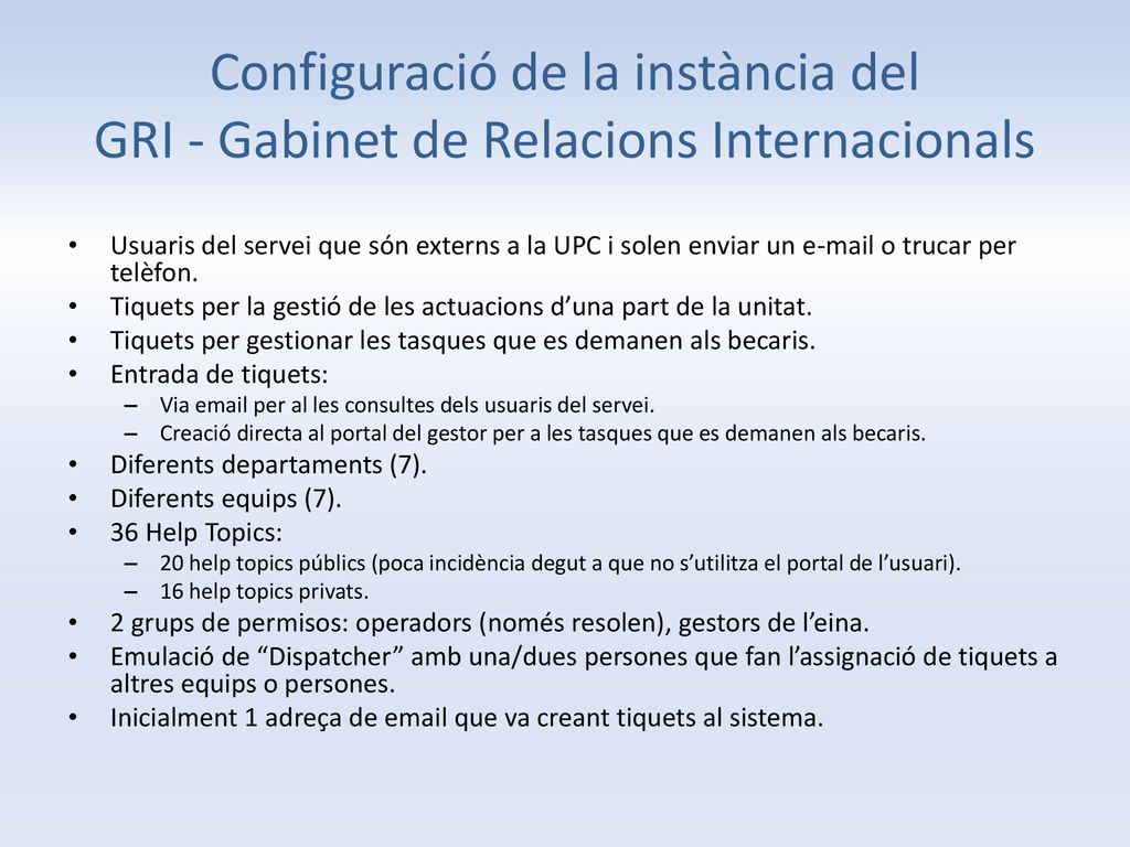 Configuració de la instància del GRI - Gabinet de Relacions Internacionals