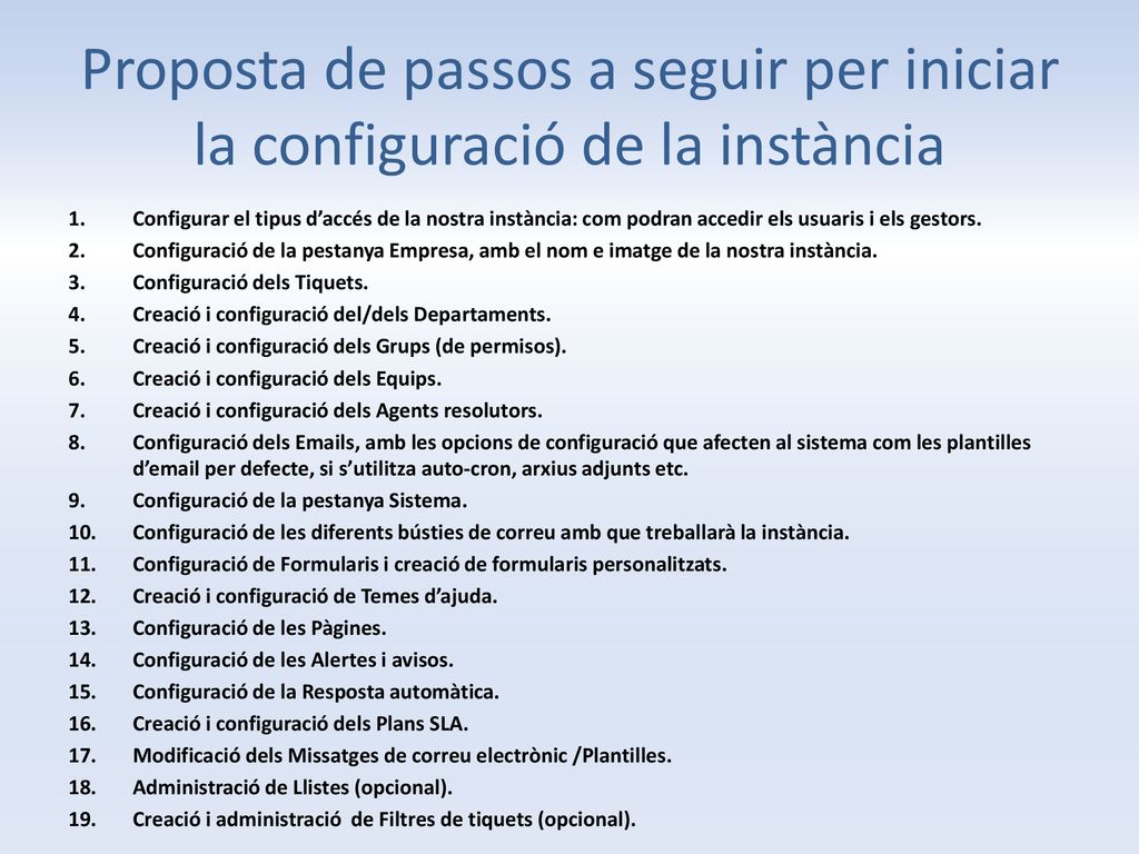 Proposta de passos a seguir per iniciar la configuració de la instància
