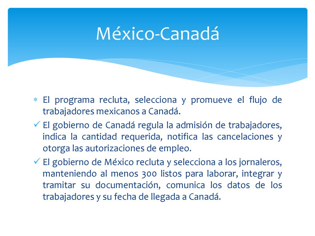 México-Canadá El programa recluta, selecciona y promueve el flujo de trabajadores mexicanos a Canadá.