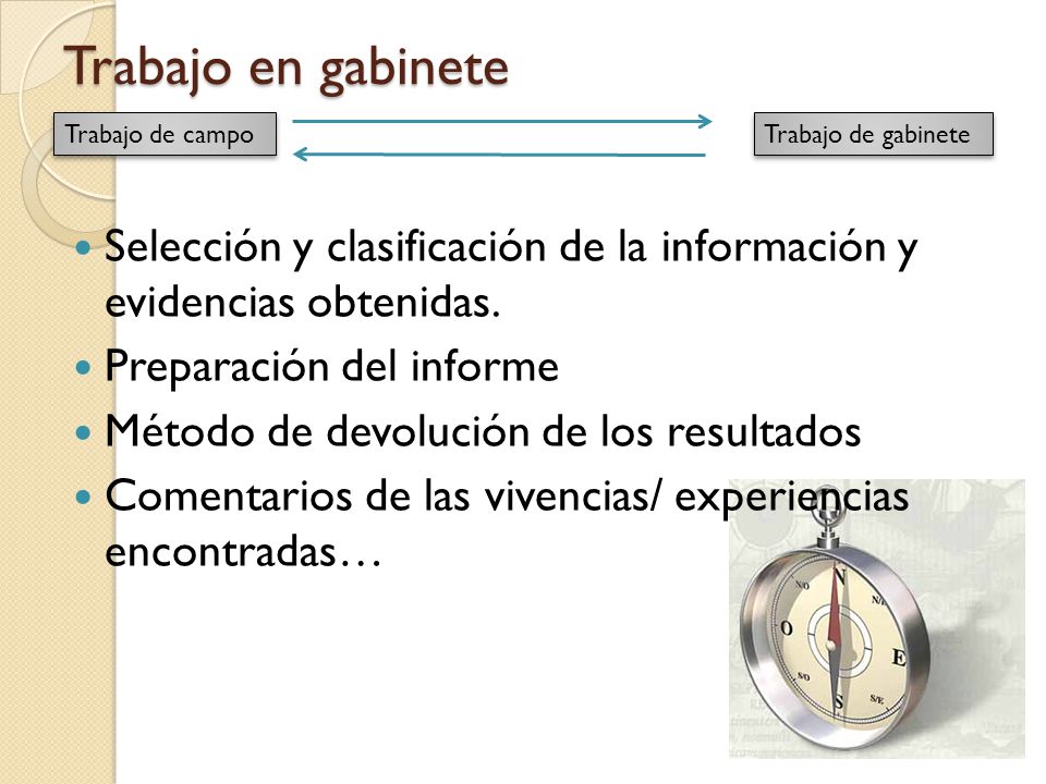Trabajo en gabinete Trabajo de campo. Trabajo de gabinete. Selección y clasificación de la información y evidencias obtenidas.