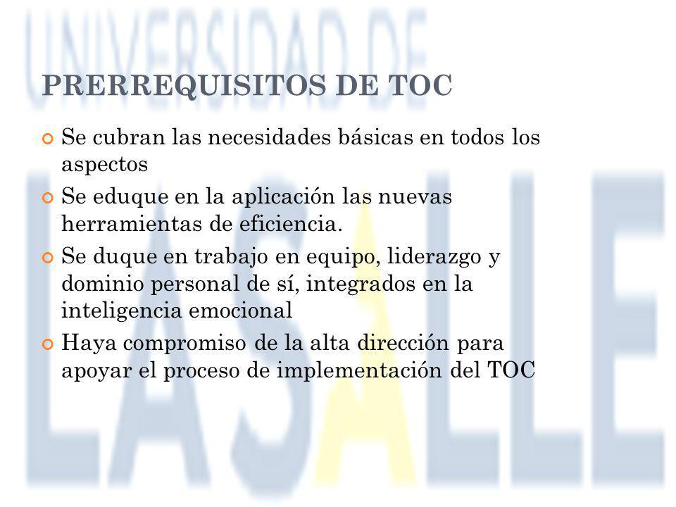 PRERREQUISITOS DE TOC Se cubran las necesidades básicas en todos los aspectos. Se eduque en la aplicación las nuevas herramientas de eficiencia.