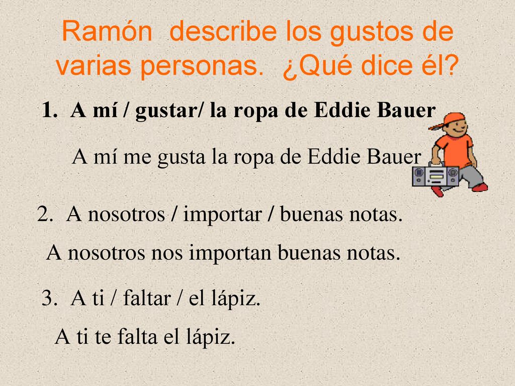 Ramón describe los gustos de varias personas. ¿Qué dice él