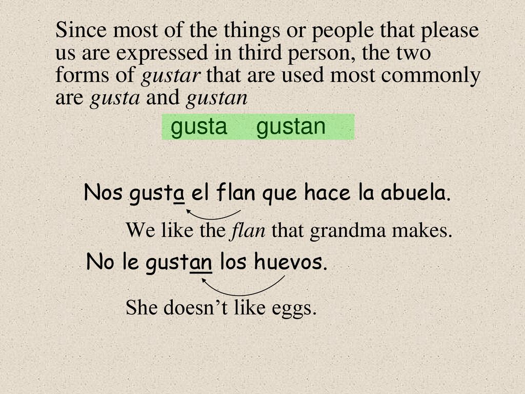Since most of the things or people that please us are expressed in third person, the two forms of gustar that are used most commonly are gusta and gustan