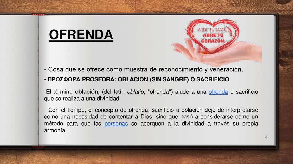 OFRENDA - Cosa que se ofrece como muestra de reconocimiento y veneración. - ΠΡΟΣΦΟΡΑ PROSFORA: OBLACION (SIN SANGRE) O SACRIFICIO.