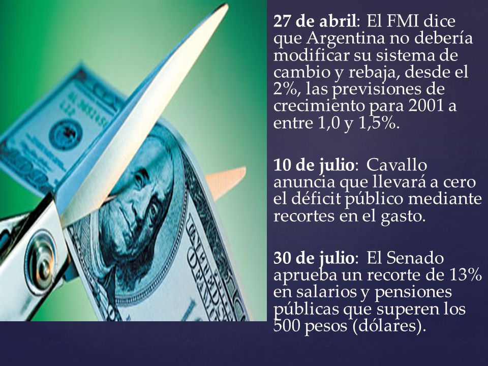 27 de abril: El FMI dice que Argentina no debería modificar su sistema de cambio y rebaja, desde el 2%, las previsiones de crecimiento para 2001 a entre 1,0 y 1,5%.