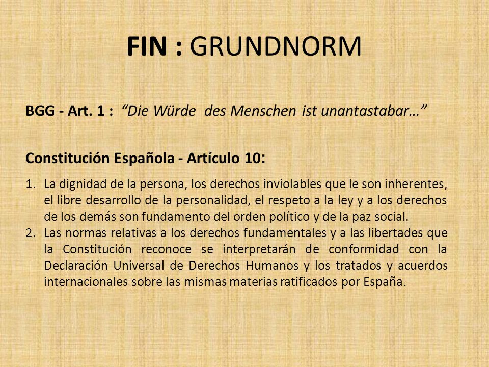 FIN : GRUNDNORM BGG - Art. 1 : Die Würde des Menschen ist unantastabar… Constitución Española - Artículo 10: