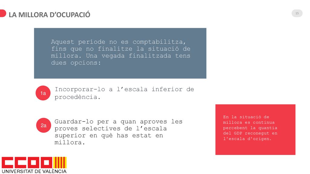 LA MILLORA D’OCUPACIÓ Aquest període no es comptabilitza, fins que no finalitze la situació de millora. Una vegada finalitzada tens dues opcions: