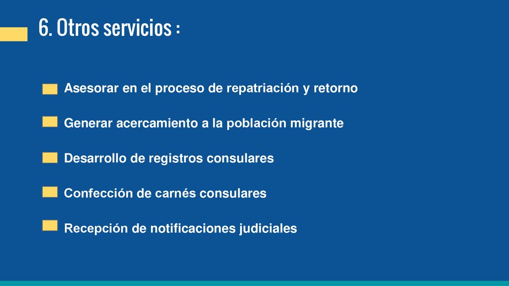 6. Otros servicios : Asesorar en el proceso de repatriación y retorno