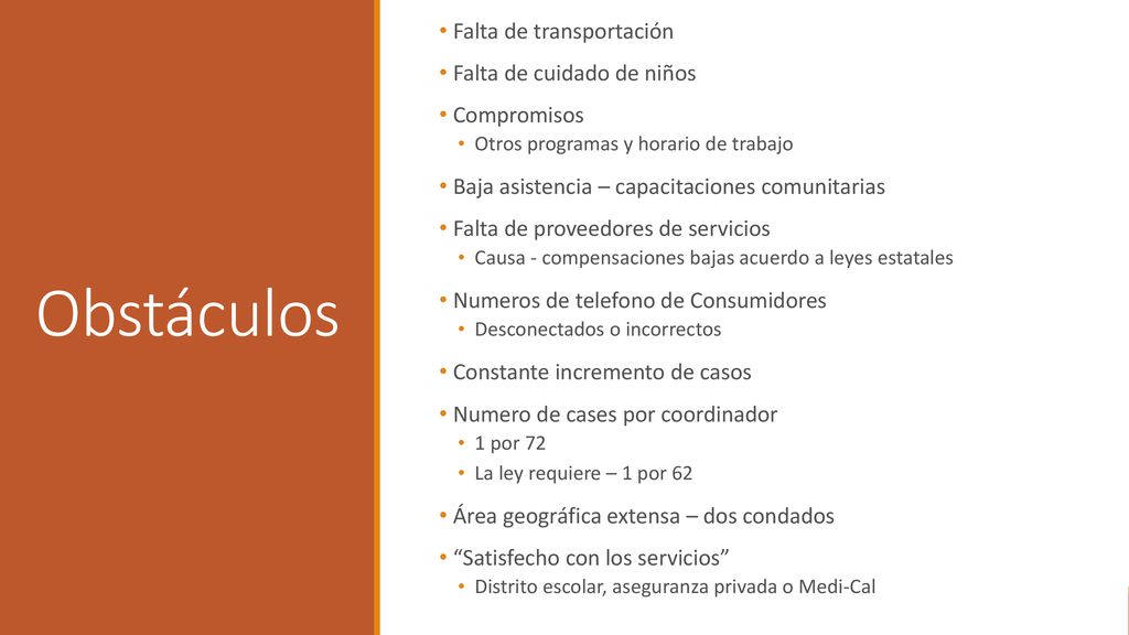 Obstáculos Falta de transportación Falta de cuidado de niños