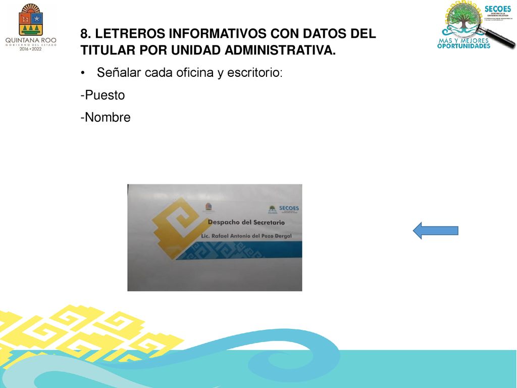 8. LETREROS INFORMATIVOS CON DATOS DEL TITULAR POR UNIDAD ADMINISTRATIVA.