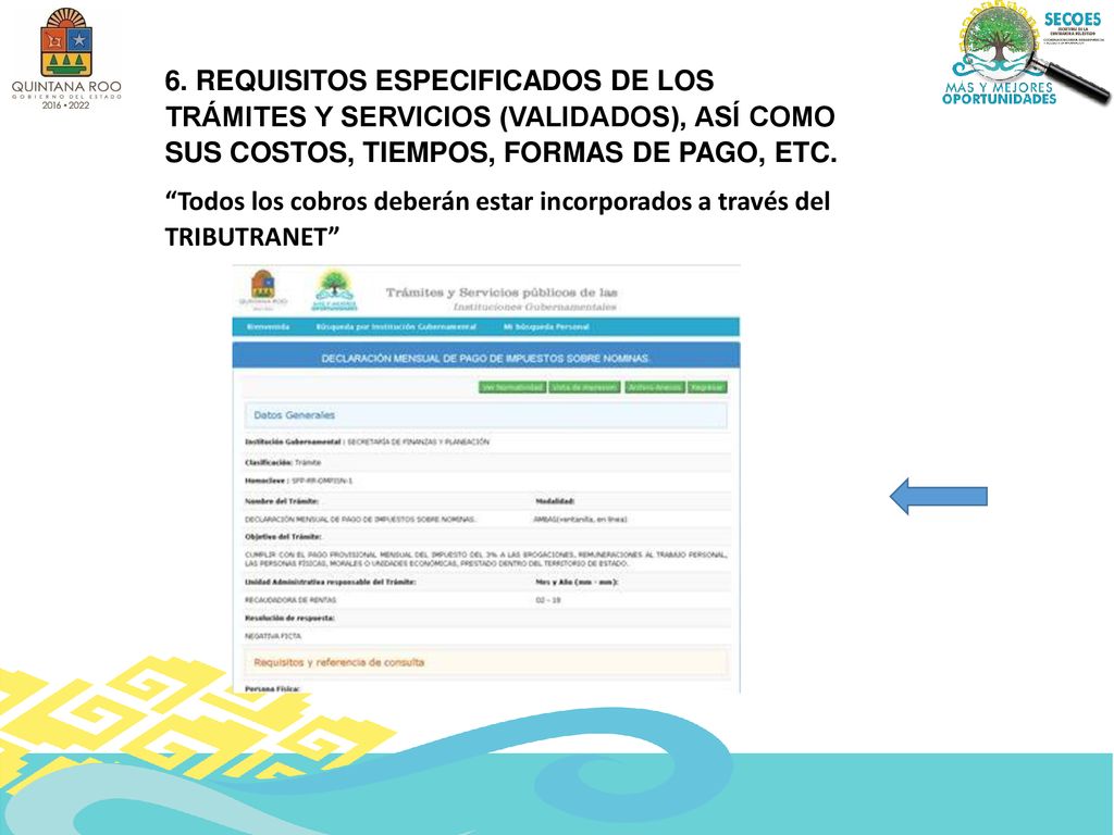 6. REQUISITOS ESPECIFICADOS DE LOS TRÁMITES Y SERVICIOS (VALIDADOS), ASÍ COMO SUS COSTOS, TIEMPOS, FORMAS DE PAGO, ETC.