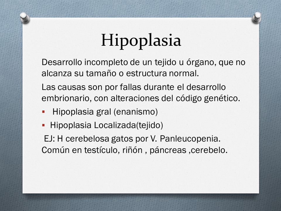 Hipoplasia Desarrollo incompleto de un tejido u órgano, que no alcanza su tamaño o estructura normal.