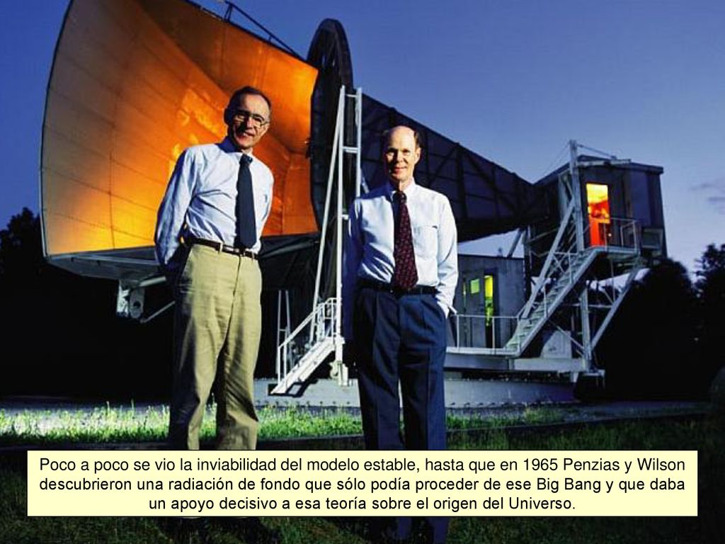 Poco a poco se vio la inviabilidad del modelo estable, hasta que en 1965 Penzias y Wilson descubrieron una radiación de fondo que sólo podía proceder de ese Big Bang y que daba un apoyo decisivo a esa teoría sobre el origen del Universo.