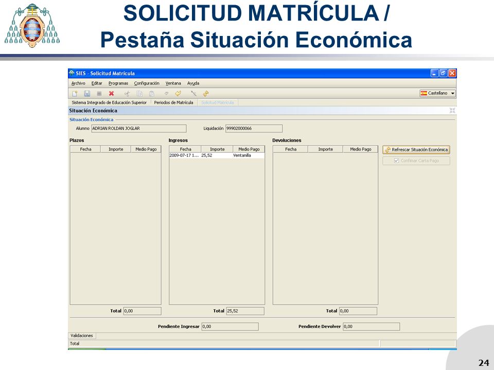 SOLICITUD MATRÍCULA / Pestaña Situación Económica