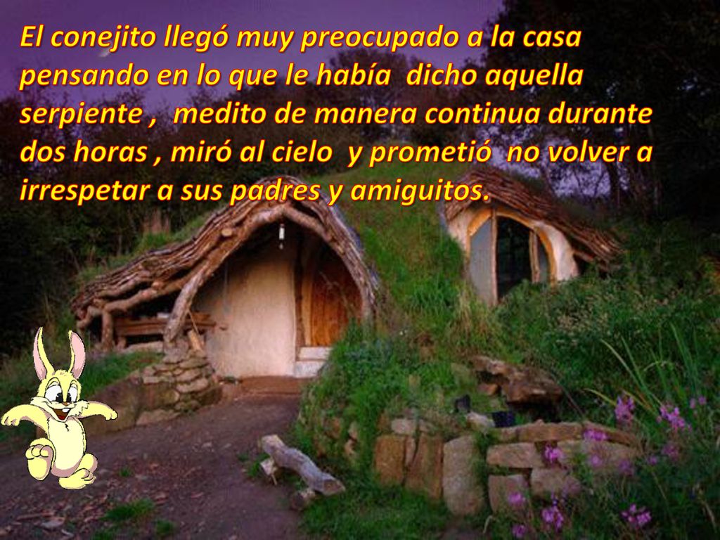 El conejito llegó muy preocupado a la casa pensando en lo que le había dicho aquella serpiente , medito de manera continua durante dos horas , miró al cielo y prometió no volver a irrespetar a sus padres y amiguitos.