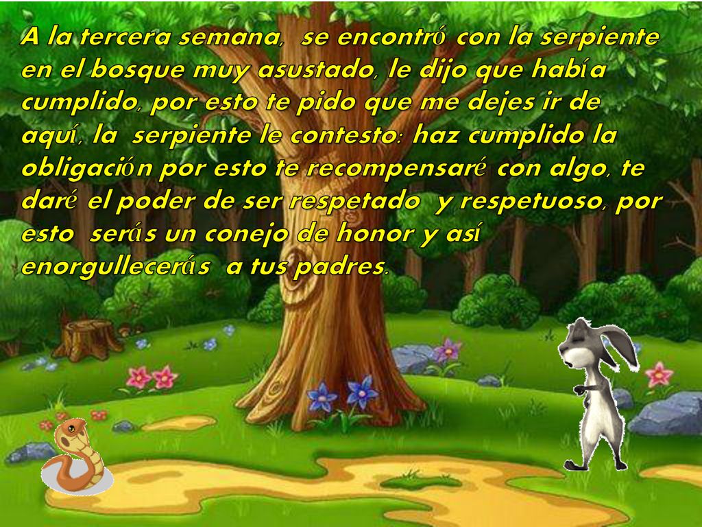 A la tercera semana, se encontró con la serpiente en el bosque muy asustado, le dijo que había cumplido, por esto te pido que me dejes ir de aquí, la serpiente le contesto: haz cumplido la obligación por esto te recompensaré con algo, te daré el poder de ser respetado y respetuoso, por esto serás un conejo de honor y así enorgullecerás a tus padres.