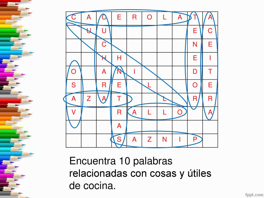 Encuentra 10 palabras relacionadas con cosas y útiles de cocina.
