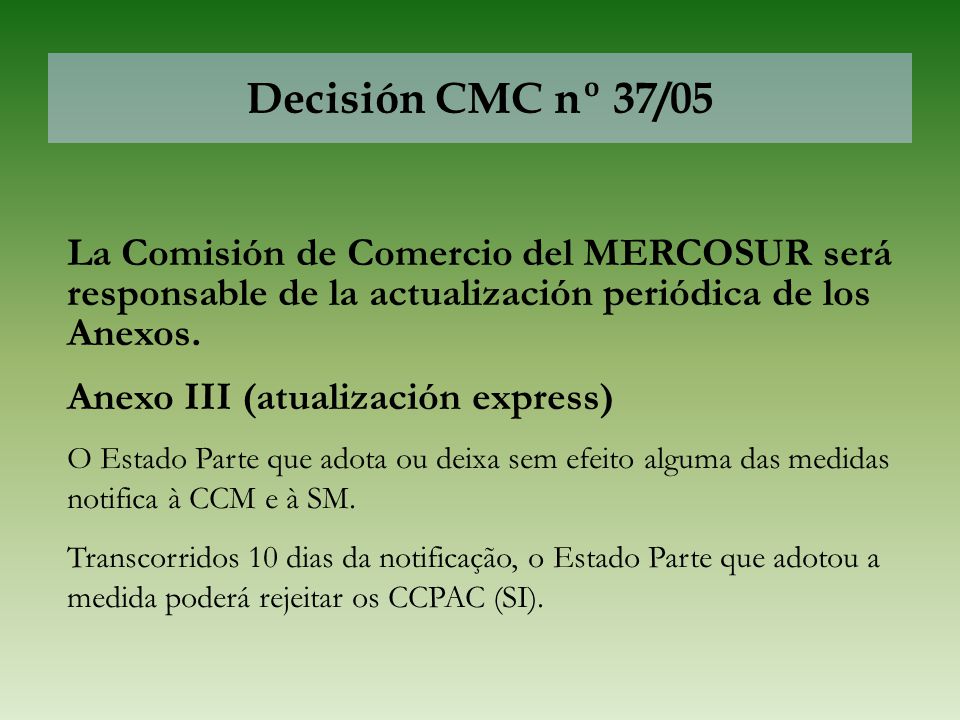 Decisión CMC nº 37/05 La Comisión de Comercio del MERCOSUR será responsable de la actualización periódica de los Anexos.
