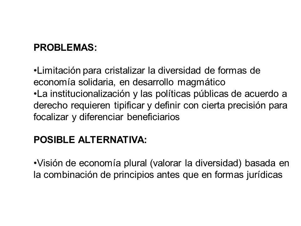 PROBLEMAS: Limitación para cristalizar la diversidad de formas de economía solidaria, en desarrollo magmático.