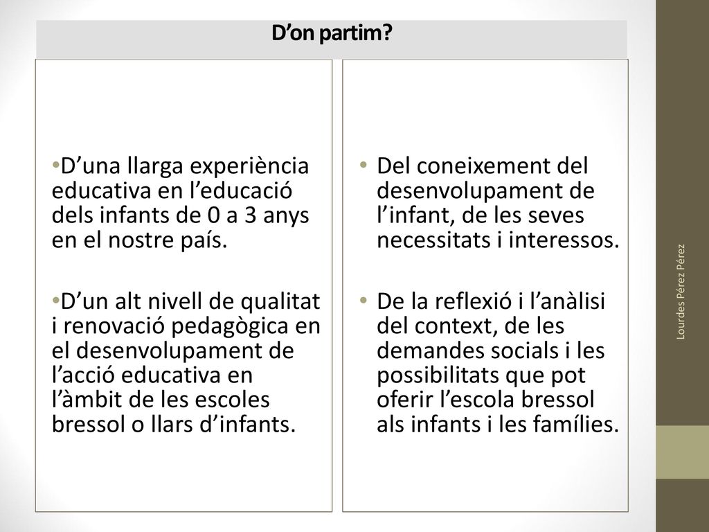 D’on partim D’una llarga experiència educativa en l’educació dels infants de 0 a 3 anys en el nostre país.