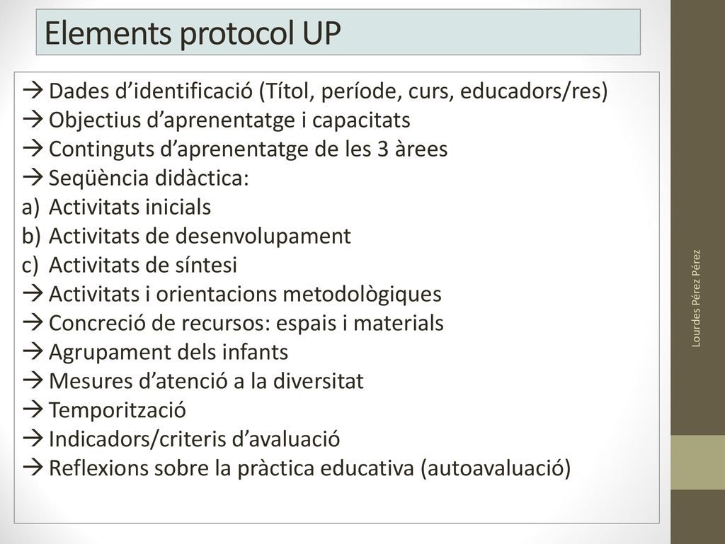 Elements protocol UP Dades d’identificació (Títol, període, curs, educadors/res) Objectius d’aprenentatge i capacitats.