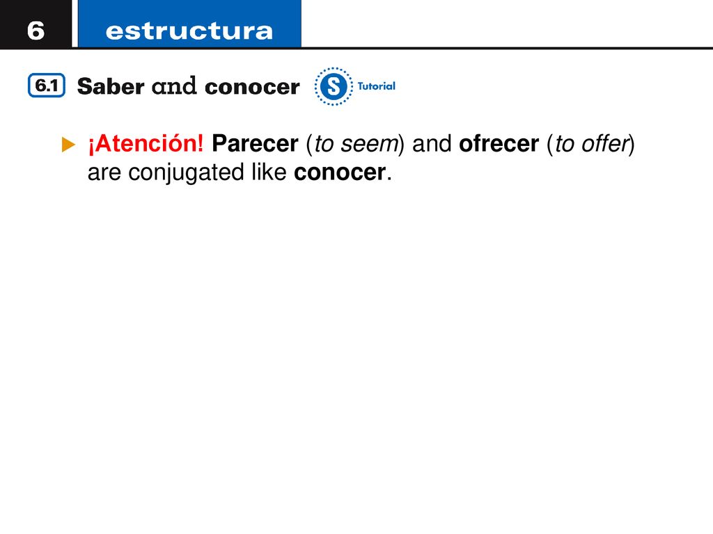 ¡Atención! Parecer (to seem) and ofrecer (to offer) are conjugated like conocer.