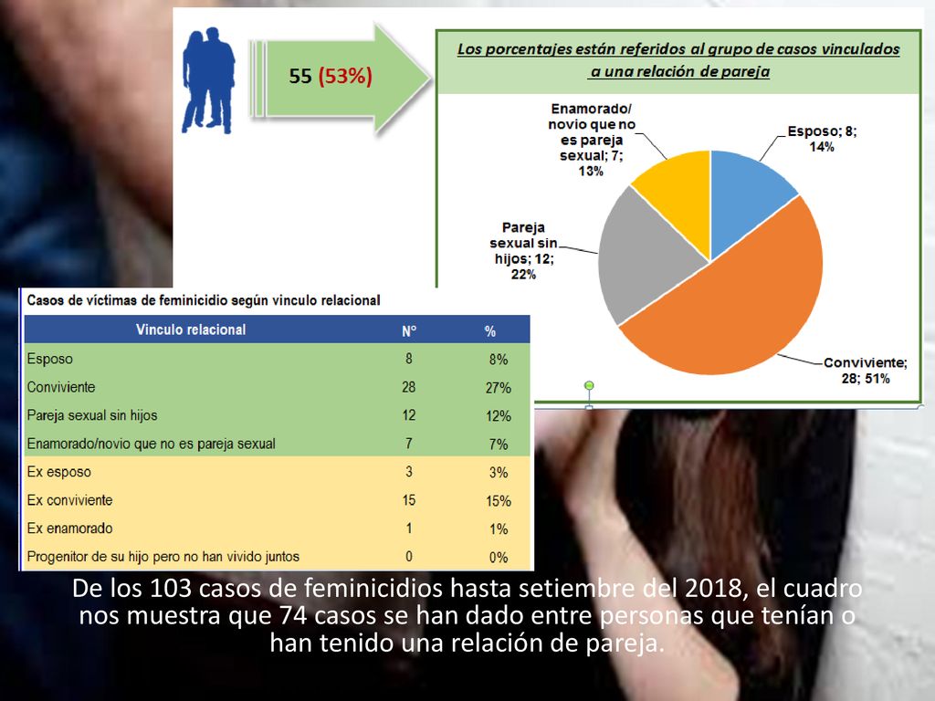 De los 103 casos de feminicidios hasta setiembre del 2018, el cuadro nos muestra que 74 casos se han dado entre personas que tenían o han tenido una relación de pareja.