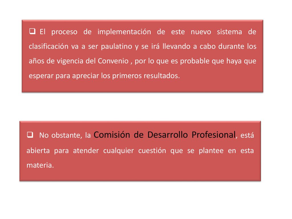 El proceso de implementación de este nuevo sistema de clasificación va a ser paulatino y se irá llevando a cabo durante los años de vigencia del Convenio , por lo que es probable que haya que esperar para apreciar los primeros resultados.
