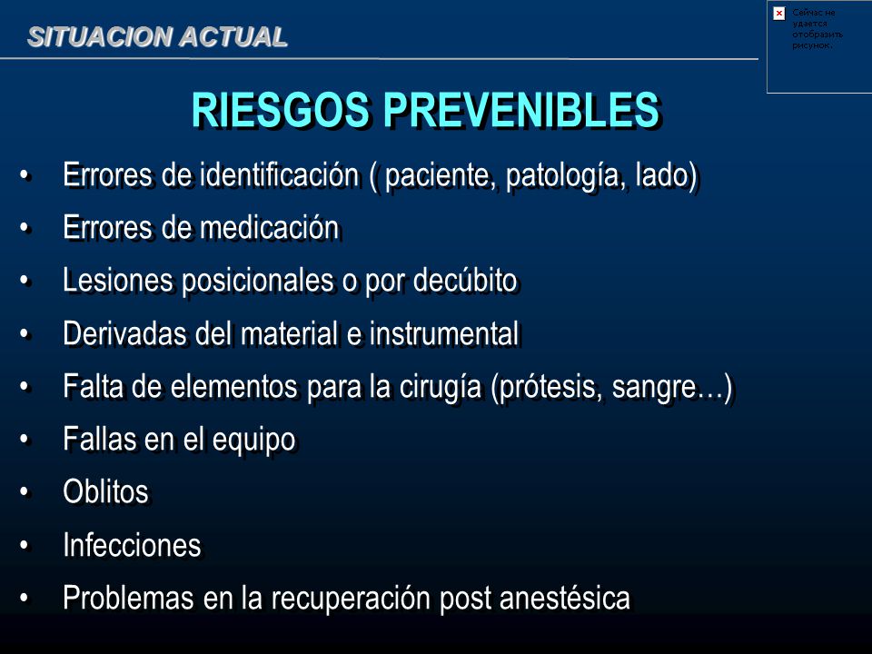 SITUACION ACTUAL RIESGOS PREVENIBLES. Errores de identificación ( paciente, patología, lado) Errores de medicación.