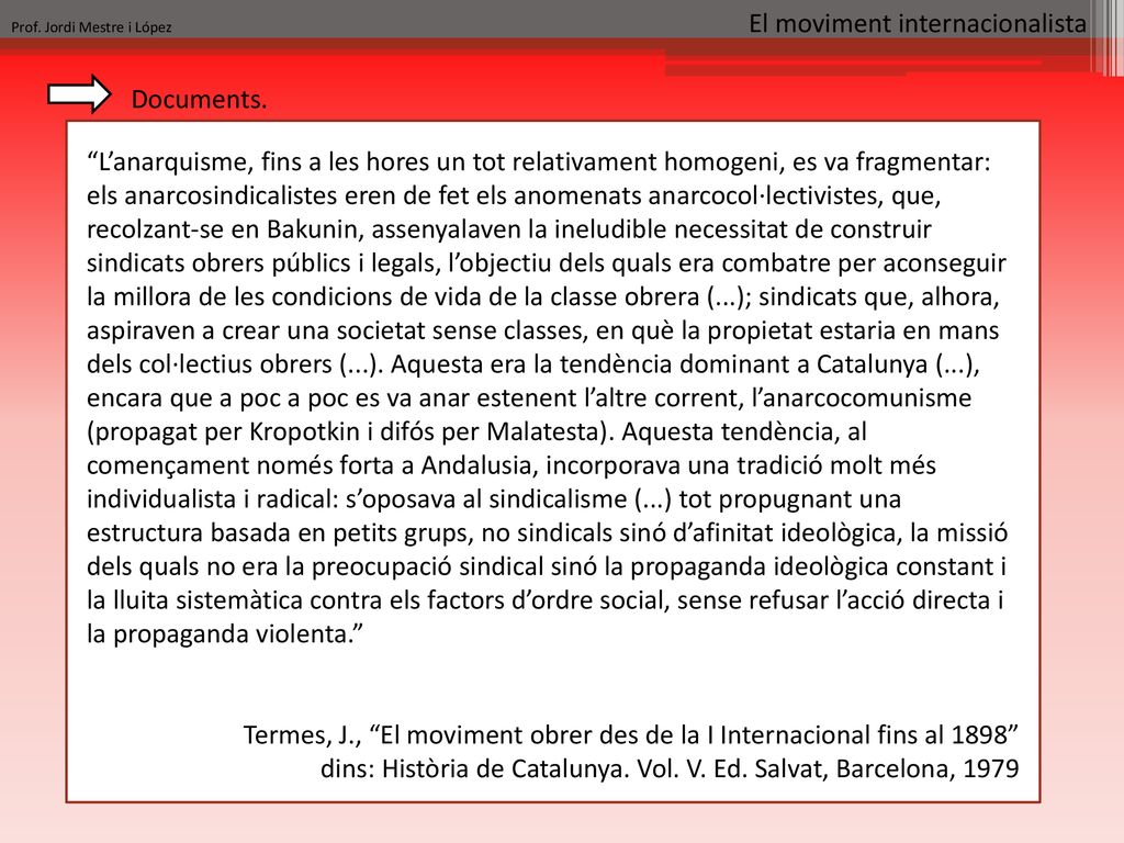 Termes, J., El moviment obrer des de la I Internacional fins al 1898