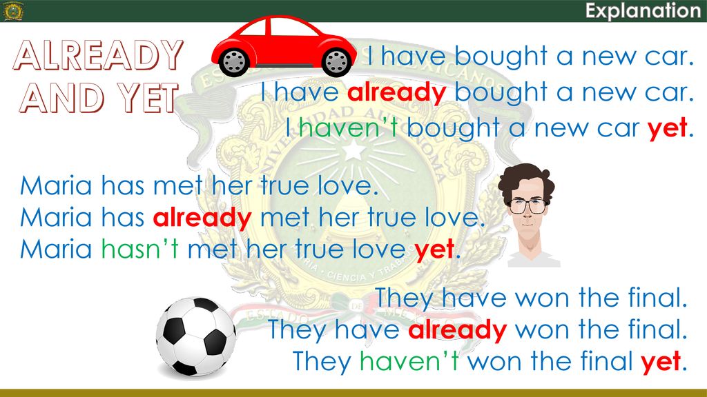 Explanation ALREADY AND YET. I have bought a new car. I have already bought a new car. I haven’t bought a new car yet.