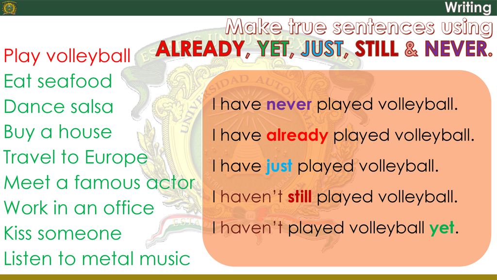Make true sentences using ALREADY, YET, JUST, STILL & NEVER.