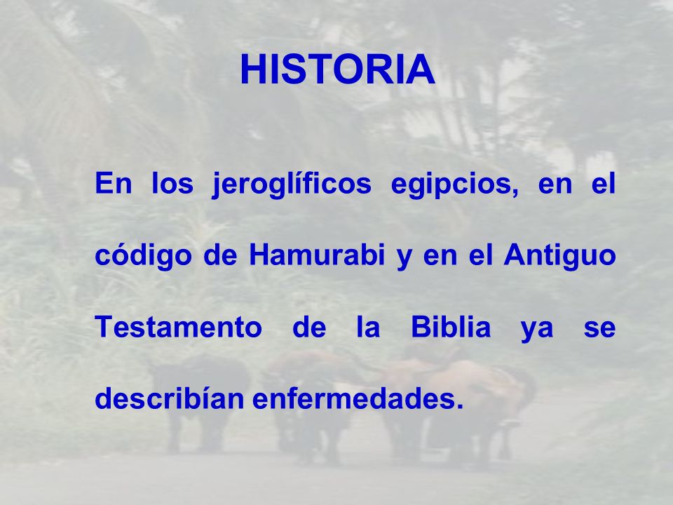 HISTORIA En los jeroglíficos egipcios, en el código de Hamurabi y en el Antiguo Testamento de la Biblia ya se describían enfermedades.