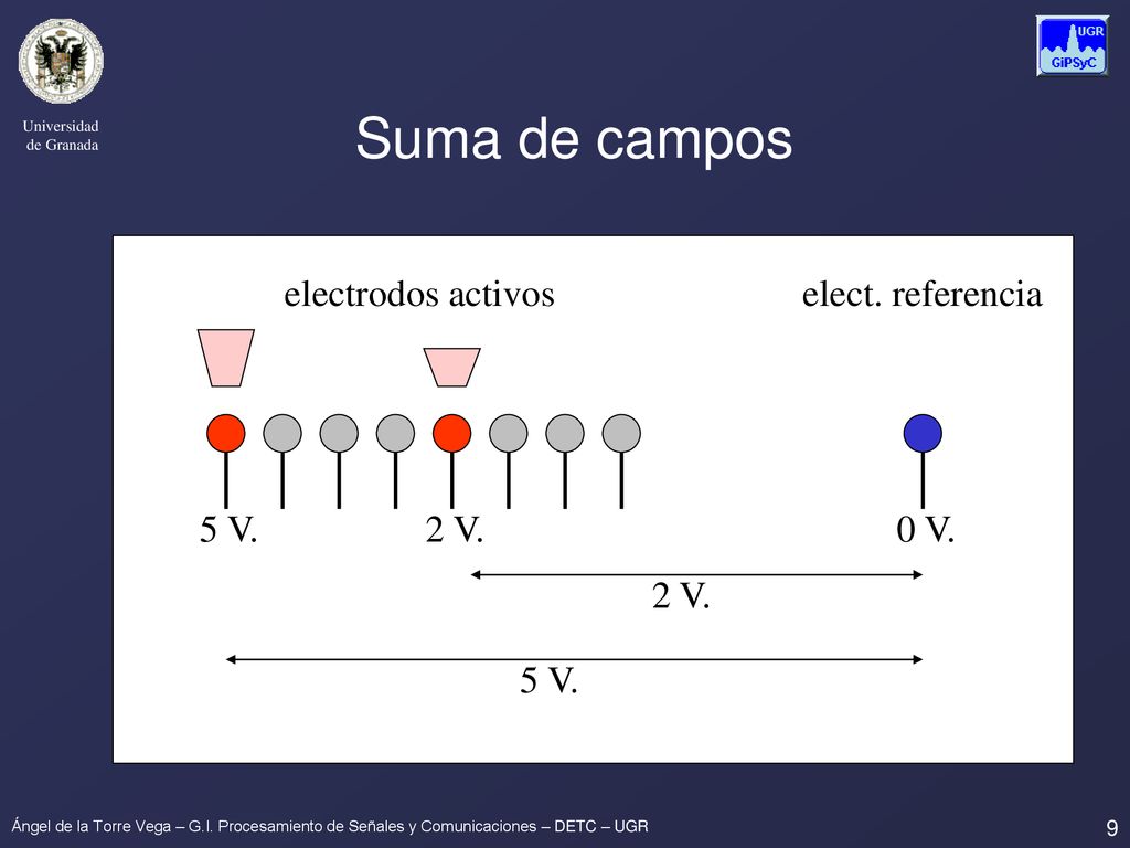 Suma de campos electrodos activos elect. referencia 5 V. 2 V. 0 V.
