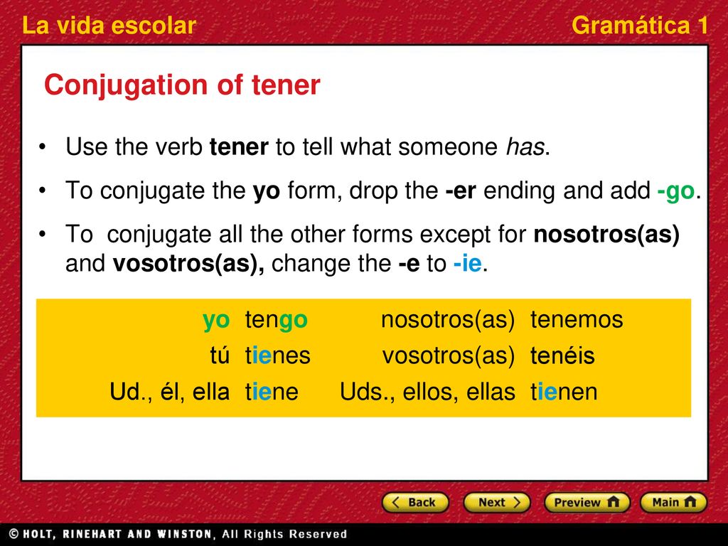 Conjugation of tener Use the verb tener to tell what someone has.