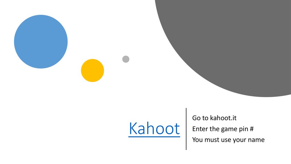 Go to kahoot.it Enter the game pin # You must use your name
