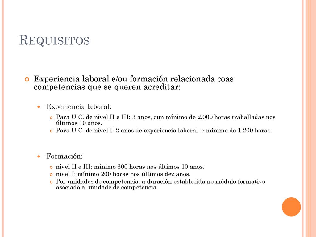 Requisitos Experiencia laboral e/ou formación relacionada coas competencias que se queren acreditar: