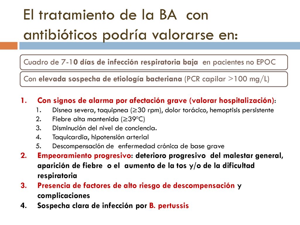 El tratamiento de la BA con antibióticos podría valorarse en: