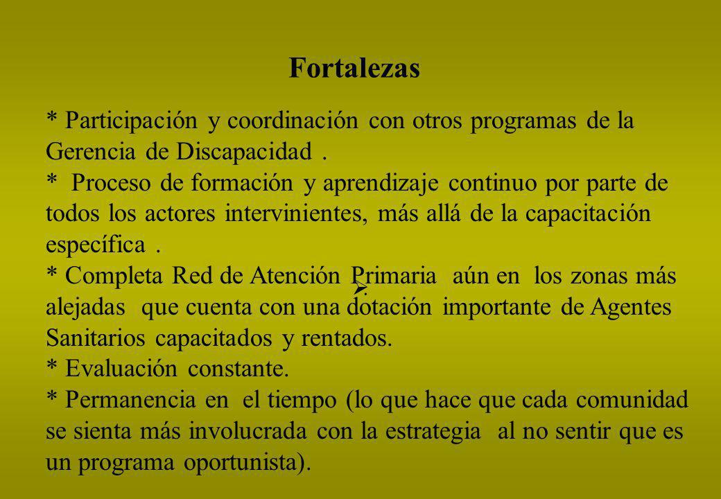 Fortalezas * Participación y coordinación con otros programas de la Gerencia de Discapacidad .