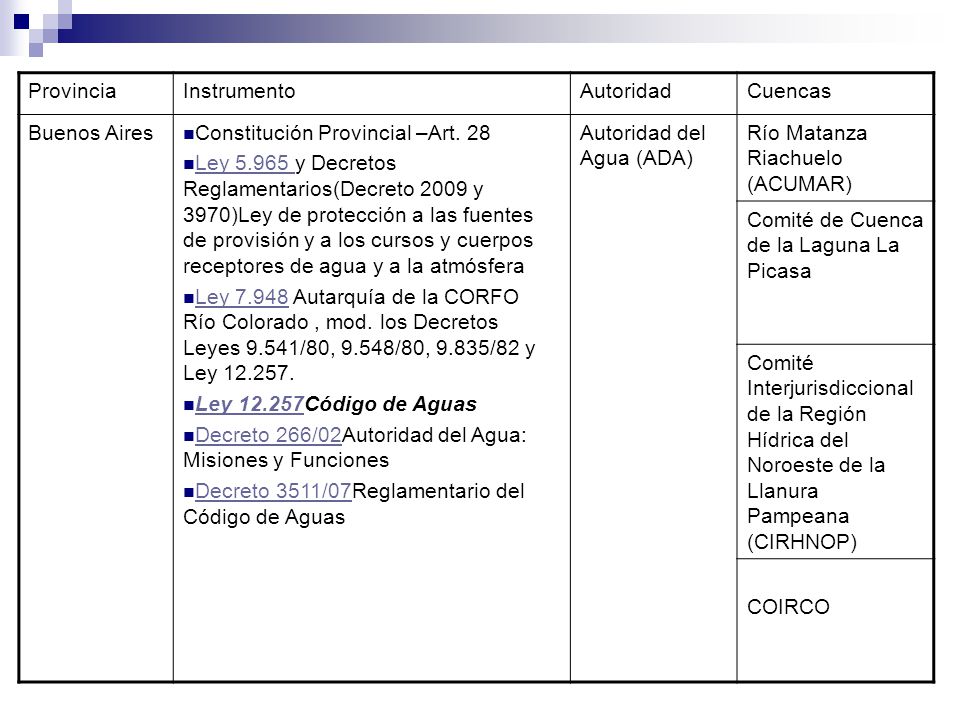 Provincia Instrumento. Autoridad. Cuencas. Buenos Aires. Constitución Provincial –Art. 28.