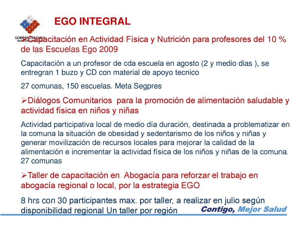 EGO INTEGRAL Capacitación en Actividad Física y Nutrición para profesores del 10 % de las Escuelas Ego
