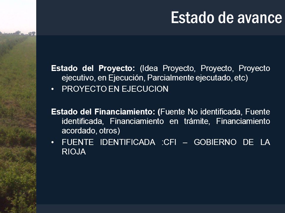 Estado de avance Estado del Proyecto: (Idea Proyecto, Proyecto, Proyecto ejecutivo, en Ejecución, Parcialmente ejecutado, etc)
