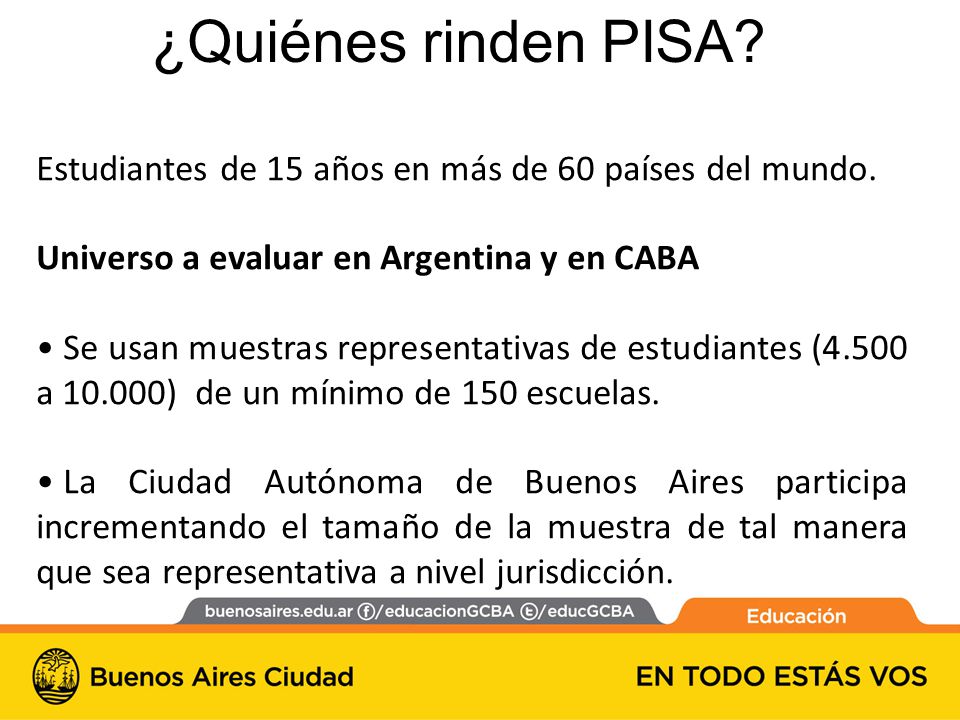 ¿Quiénes rinden PISA Estudiantes de 15 años en más de 60 países del mundo. Universo a evaluar en Argentina y en CABA.