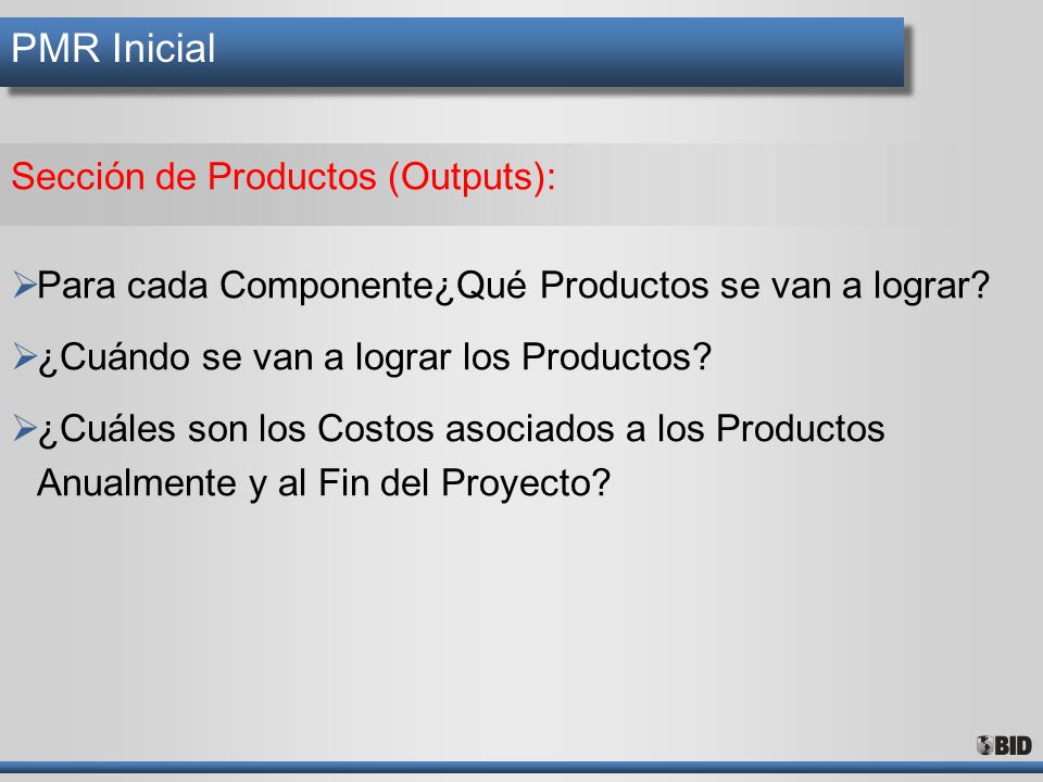 PMR Inicial Sección de Productos (Outputs):