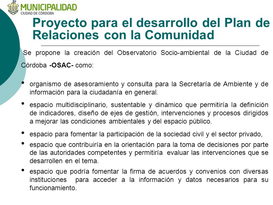 Proyecto para el desarrollo del Plan de Relaciones con la Comunidad