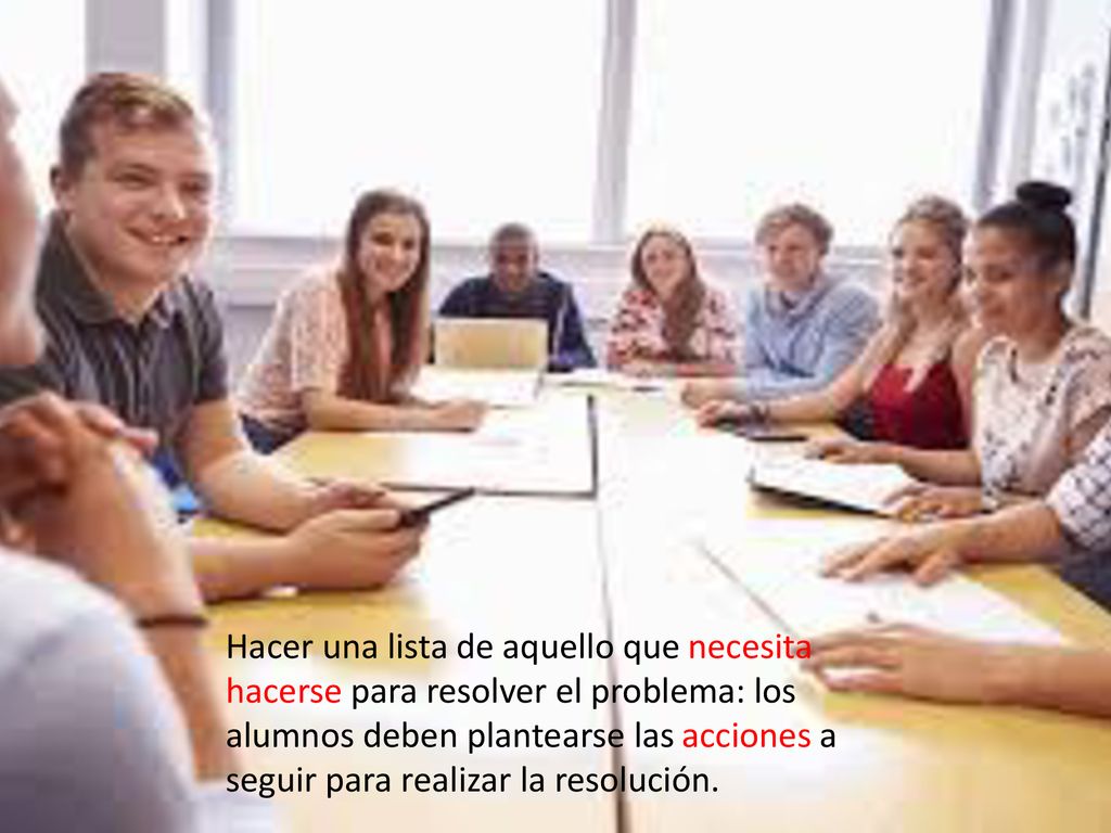 Hacer una lista de aquello que necesita hacerse para resolver el problema: los alumnos deben plantearse las acciones a seguir para realizar la resolución.