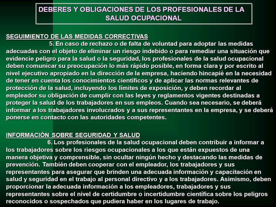 DEBERES Y OBLIGACIONES DE LOS PROFESIONALES DE LA SALUD OCUPACIONAL