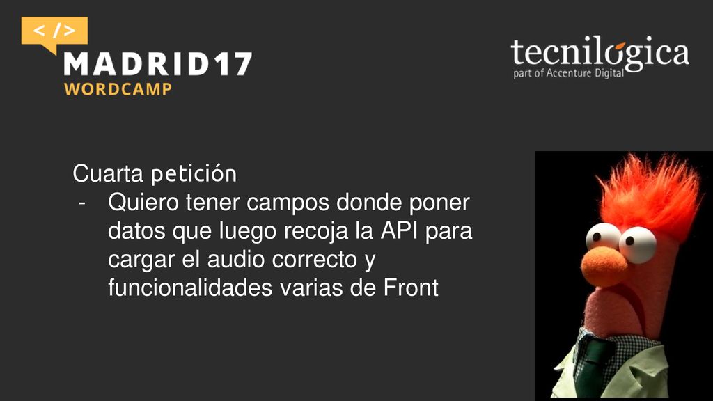 Cuarta petición Quiero tener campos donde poner datos que luego recoja la API para cargar el audio correcto y funcionalidades varias de Front.
